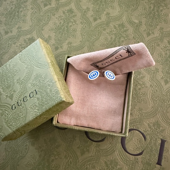 New Gucci Sterling Silver Interlocked G Blue Enamel
Double G Logo Cufflinks - Picture 5 of 9